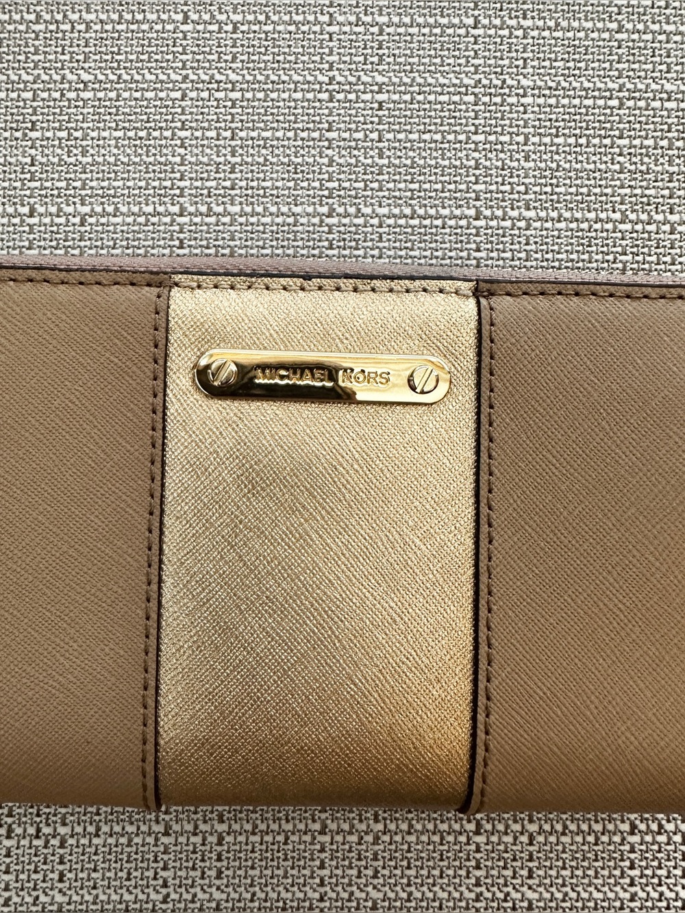 Michael Kors Brown Wallet Wristlet with Gold Center Panel